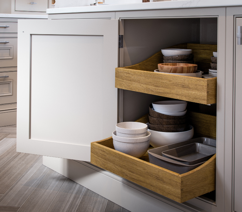 Charlotte Kitchen painted in Cashmere sloped internal dovetail pull out drawers