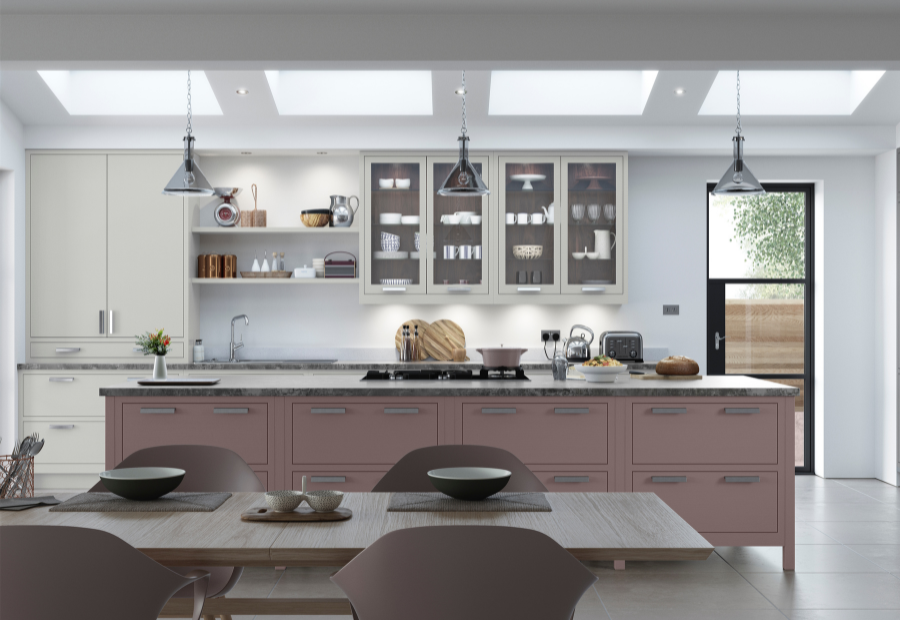 Aurora kitchen featuring large freestanding island unit