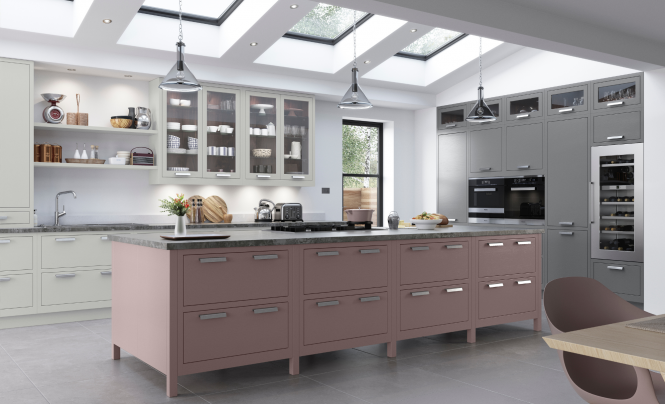 Aurora Kitchen painted in Light Grey, Dust Grey & Vintage Pink