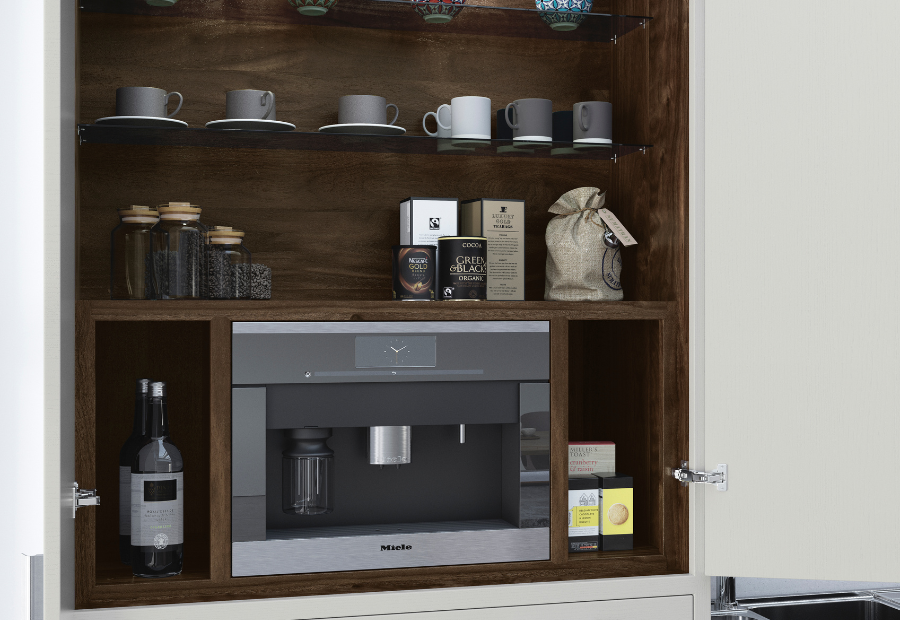 Aurora Kitchen painted in Light Grey, Dust Grey & Vintage Pink Dresser with integrated coffee machine walnut internals