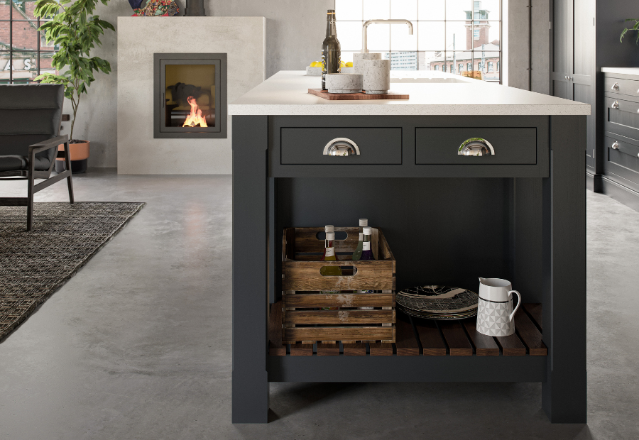 Jasper Graphite Island with open shelving featuring oak slats