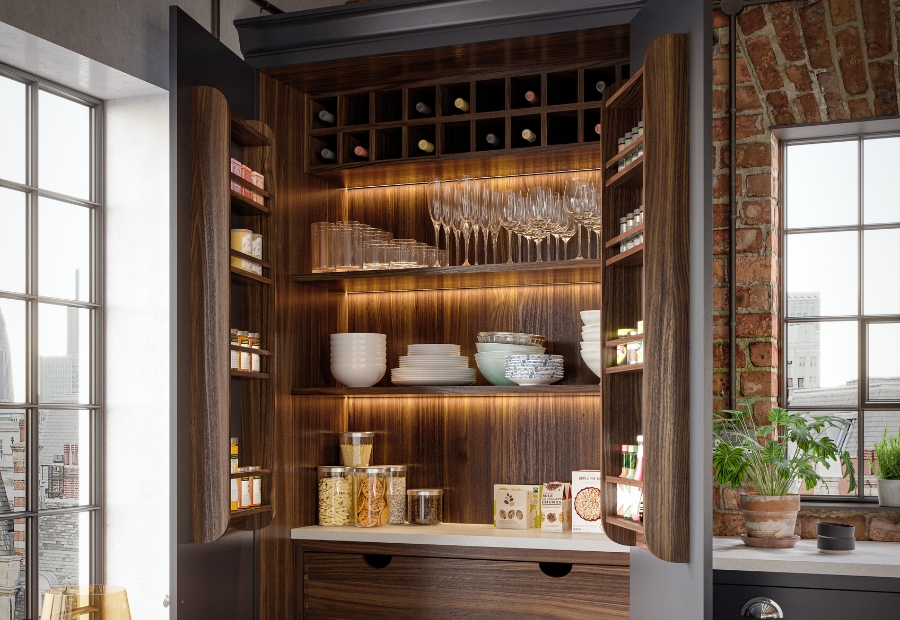 Jasper Graphite Pantry with solid solid timber shelving, drawers and wine rack