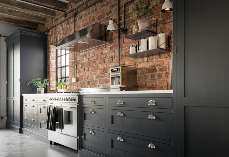 Jasper Graphite Kitchen with Chrome Cup Handles paired with industrial brick wall