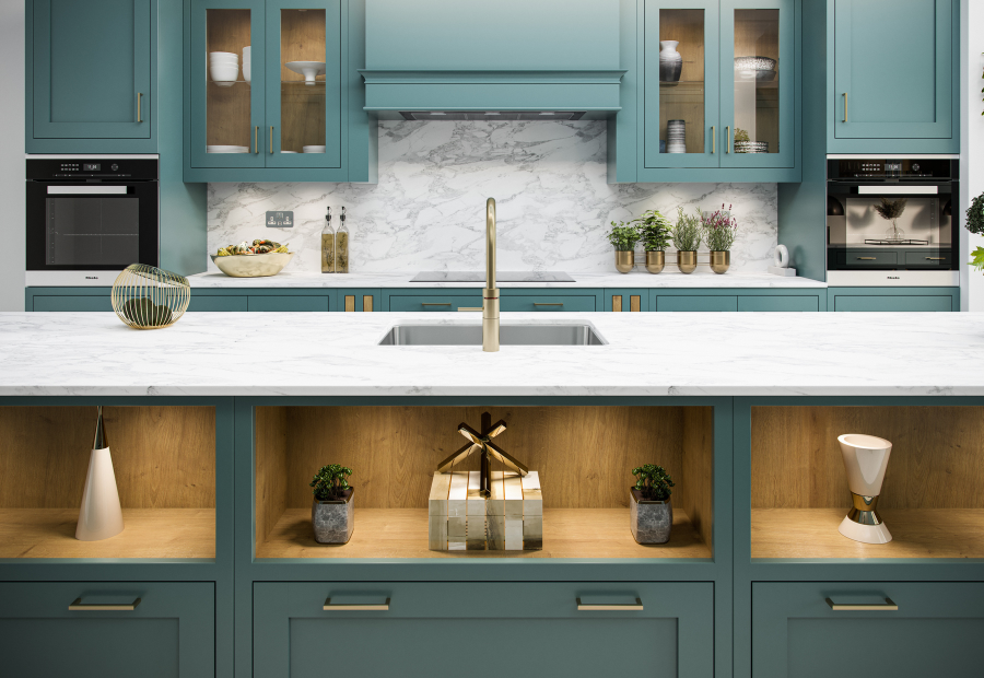 Jasper Viridian over mantle, glass paned doors, open shelved island with oak internals and drawers