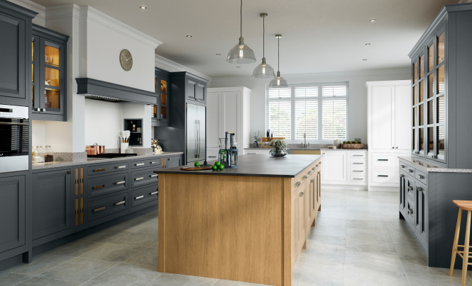 Peterborough in Gun Metal Grey, Brilliant White & White Oak Kitchen