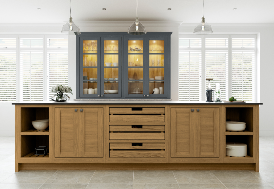 Peterborough White Oak Island with drawers, cupboards and open shelving