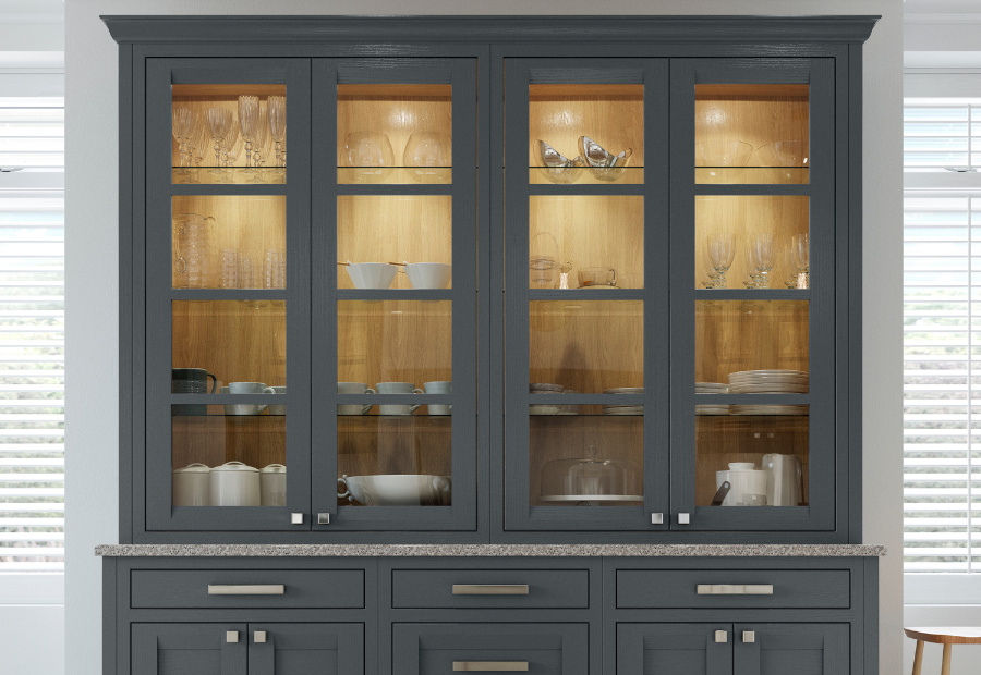 Peterborough Gun Metal Grey Kitchen Dresser with oak backing and glass shelving