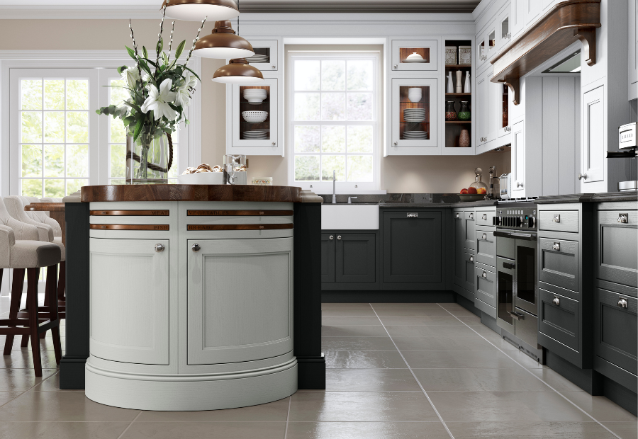 Sutton Kitchen painted in Shell and Gun Metal Grey with Walnut finish island and over mantle