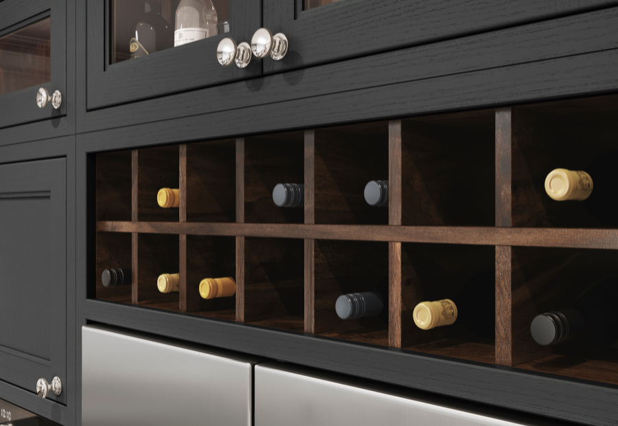 Sutton Kitchen painted in Shell and Gun Metal Grey with Walnut finish wine rack