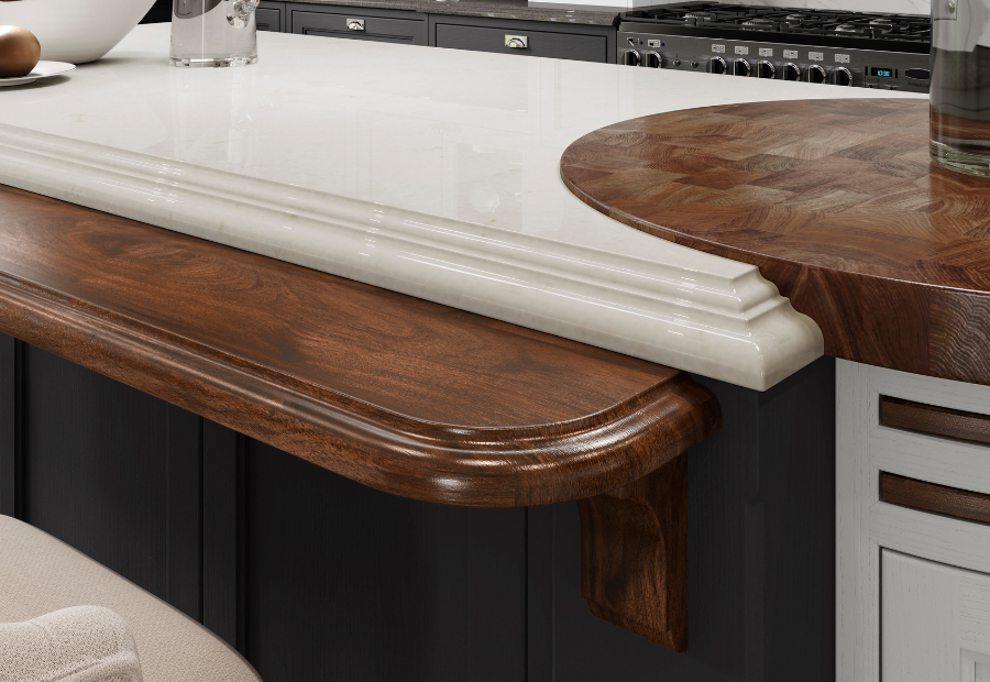 Sutton Kitchen Island painted in Shell and Gun Mental Grey with Walnut accents