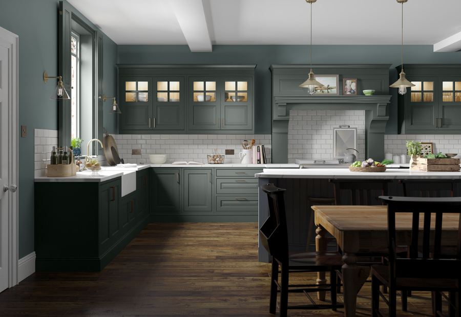 Yorton Kitchen painted in Heritage Green & Slate Blue