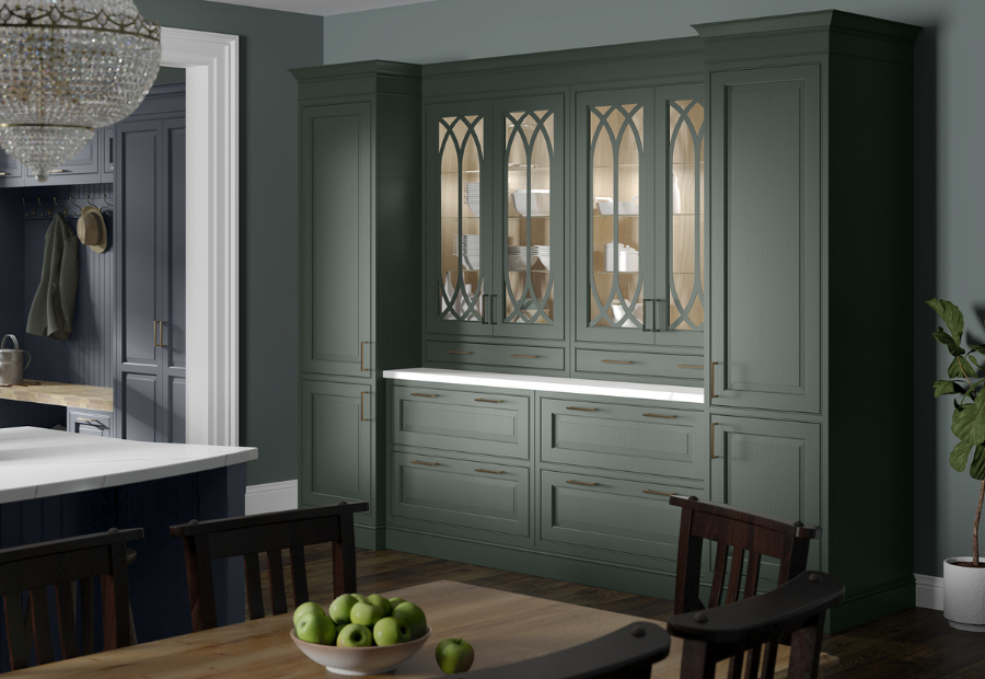 Yorkton Kitchen Glazed Dresser painted in Heritage Green with ornate gothic frames