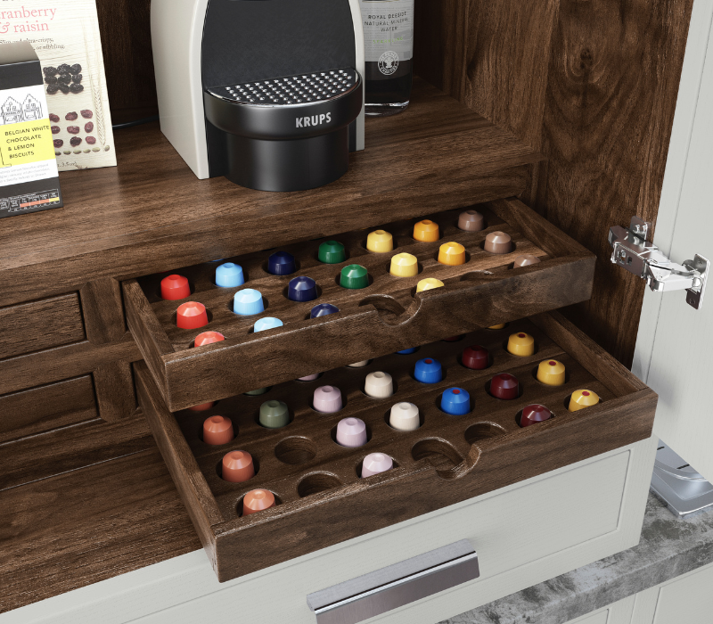 Aurora Kitchen painted in Light Grey coffee pod storage drawer with Walnut internals 