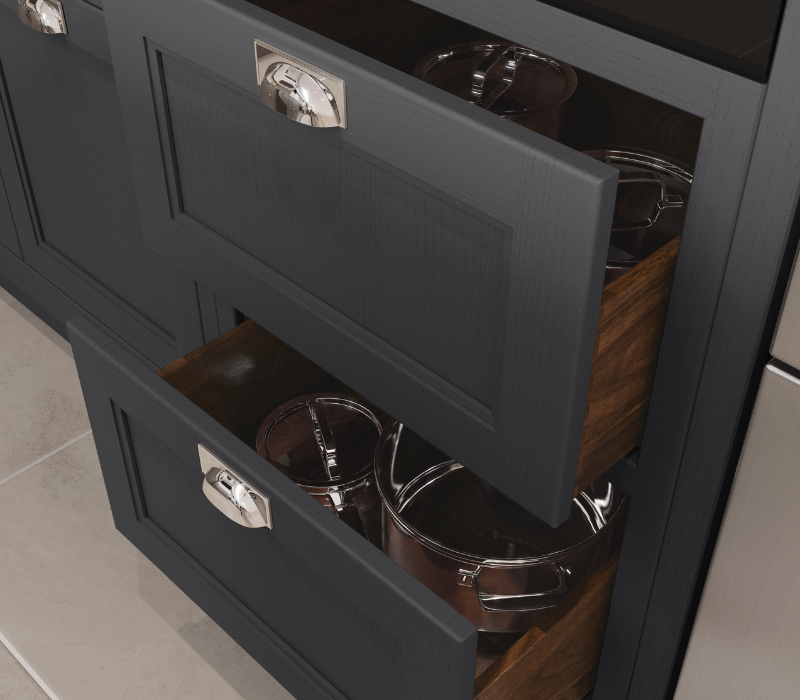 Sutton Kitchen painted in Gun Metal Grey pan drawers with Walnut internals 