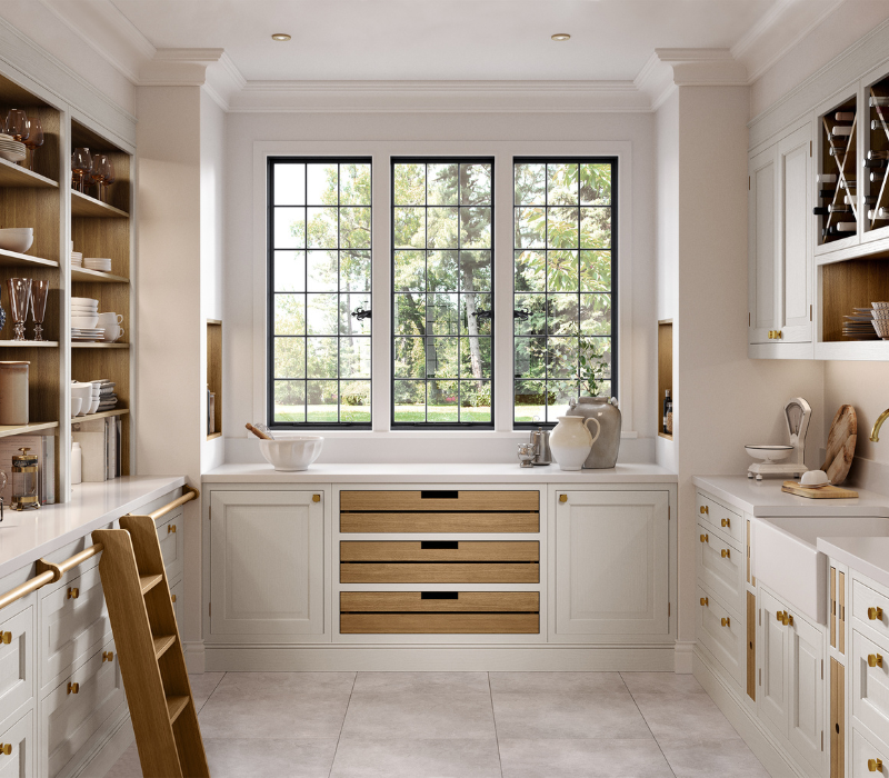 Yorkton kitchen painted in Taupe Grey & White Oak Walk in Pantry with oak accessories 