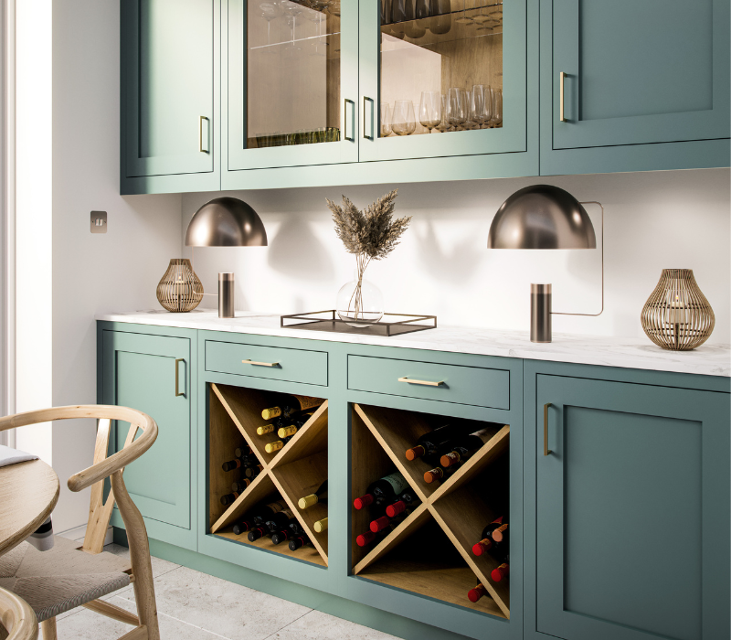 Jasper Kitchen painted in Viridian with white oak wine rack storage 