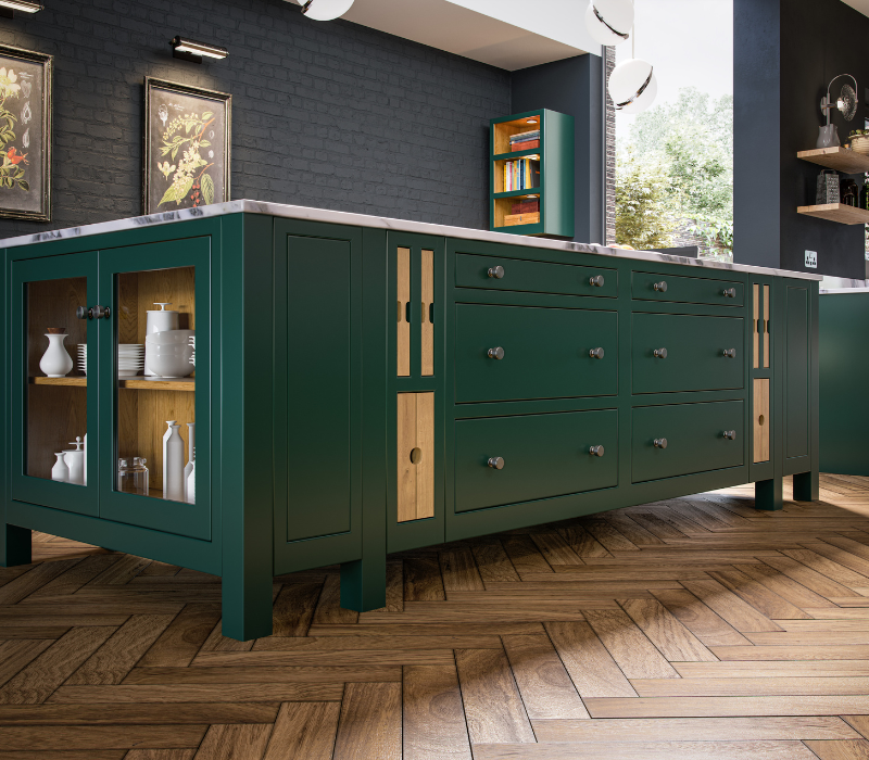 Aurora Kitchen painted in Deep Forest with glazed cupboard frames and oak accessories, trays and chopping boards