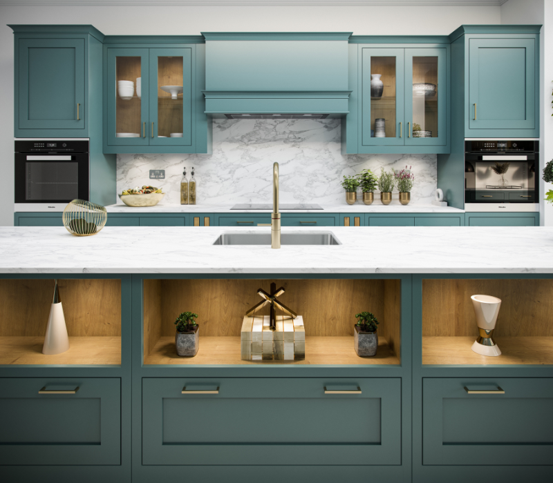 Jasper Kitchen in Viridian Kitchen Island with oak internals