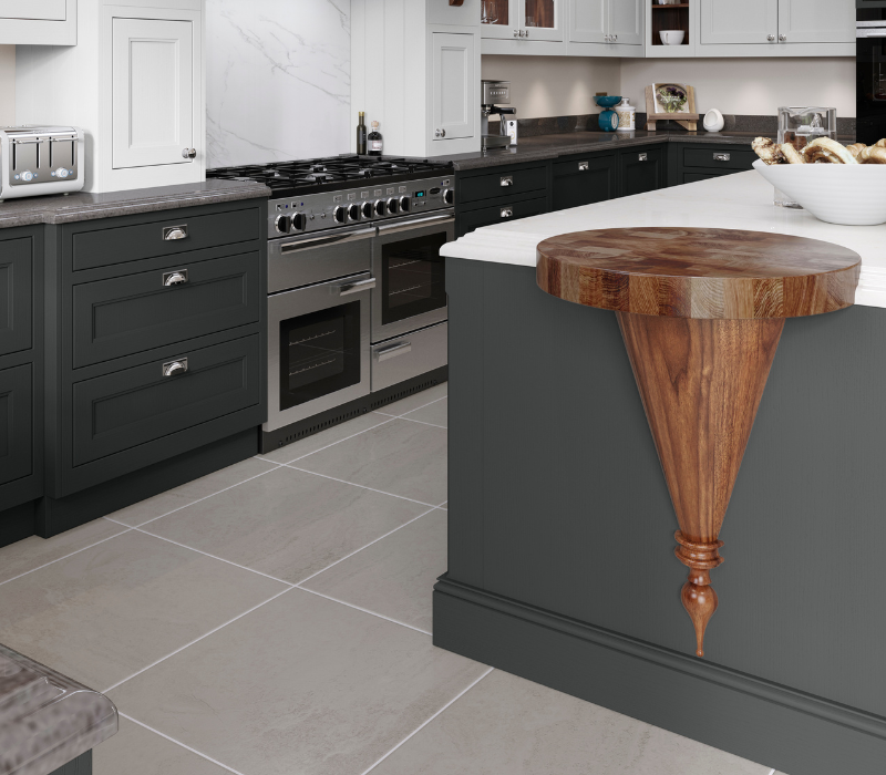 Sutton kitchen painted in Shell & Gun Metal Grey with walnut conical pedestal 