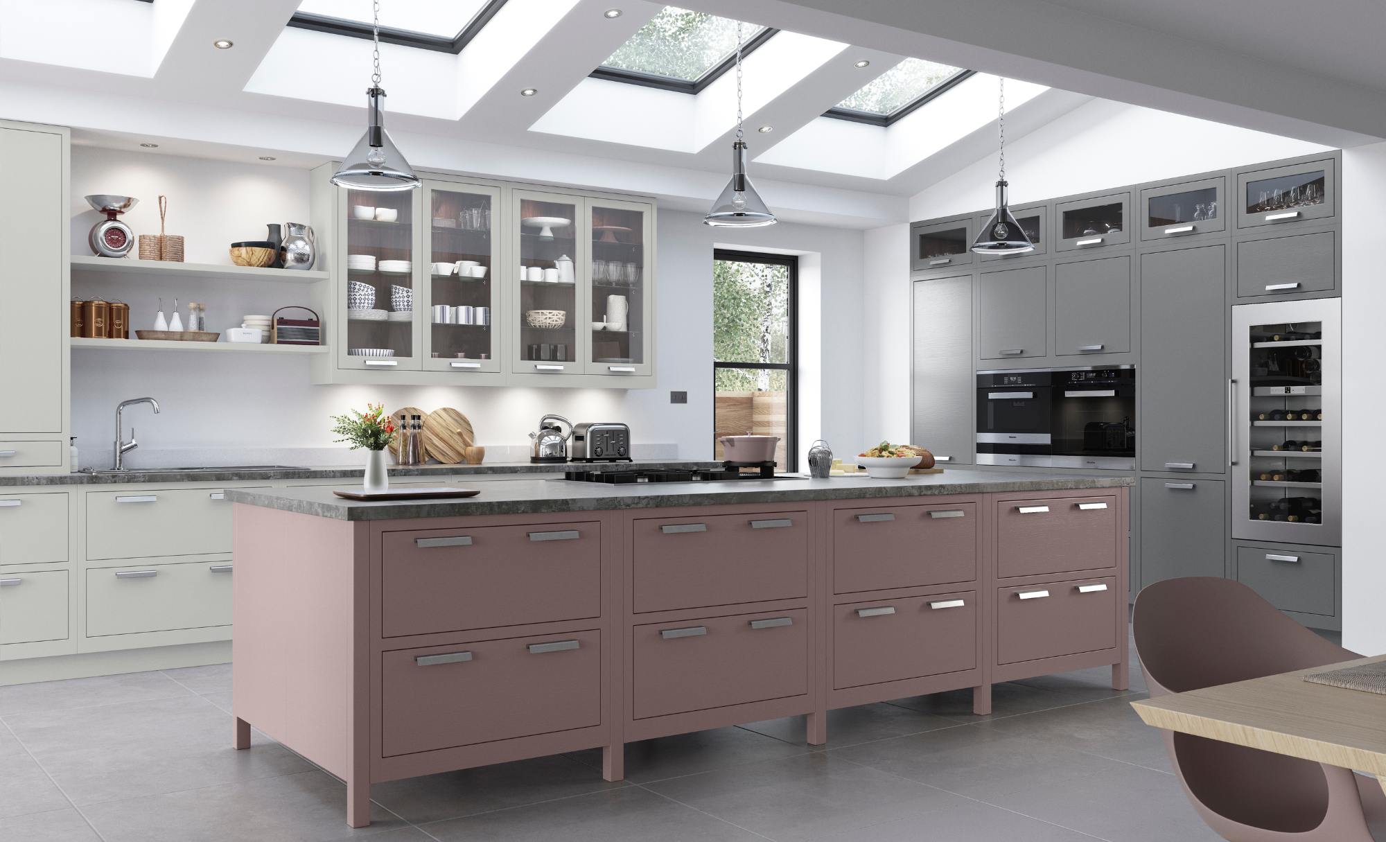 Aurora Kitchen painted in Light Grey, Dust Grey & Vintage Pink 